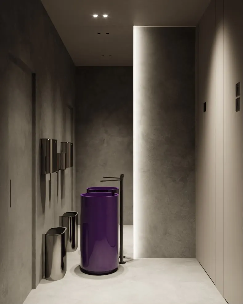 Bagno con lavabi viola a colonna