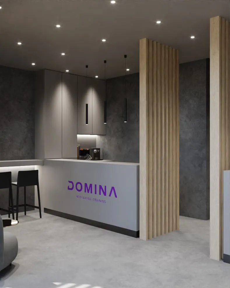 Banco del Fit Bar con il logo DOMINA