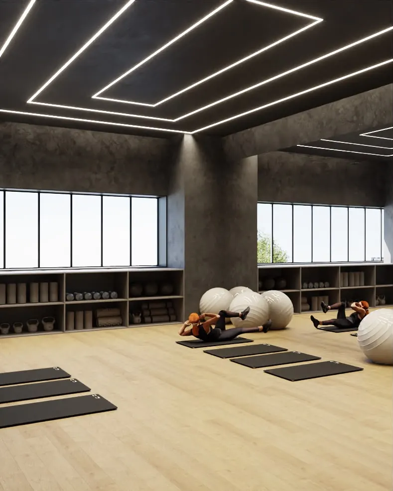 Sala corsi con parquet, tappetini e fitball