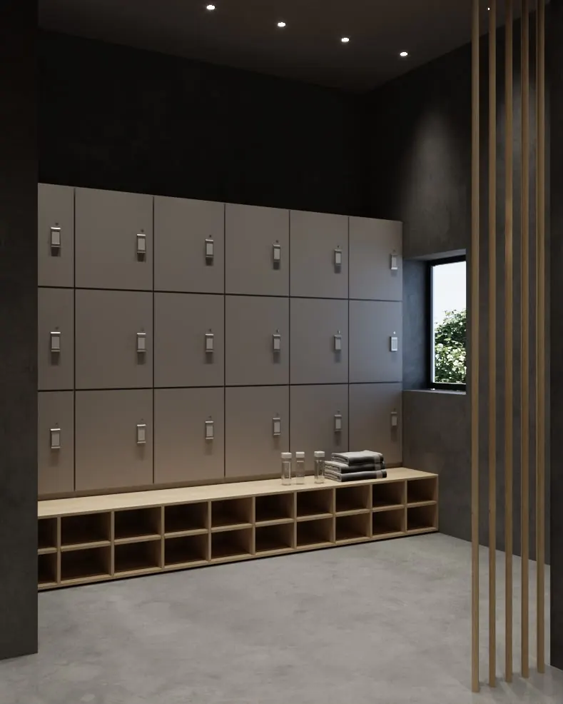 Spogliatoio con armadietti e panca in legno